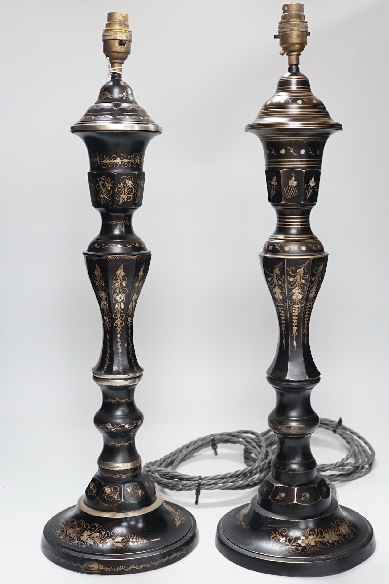 A near pair of Indian Bidri ware table lamps, 60cm total height